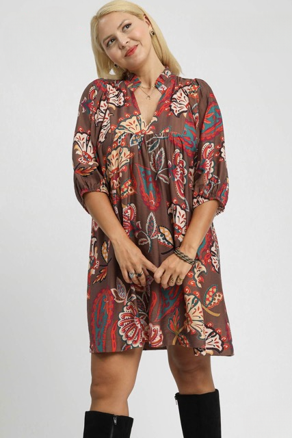 Lola Abstract Print Puff Sleeve Babydoll Dress in Brown
