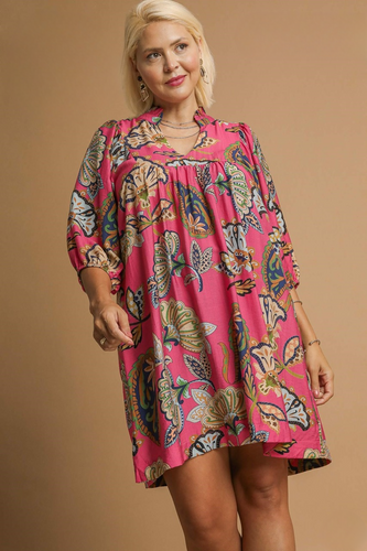 Lola Abstract Print Puff Sleeve Babydoll Dress in Pink