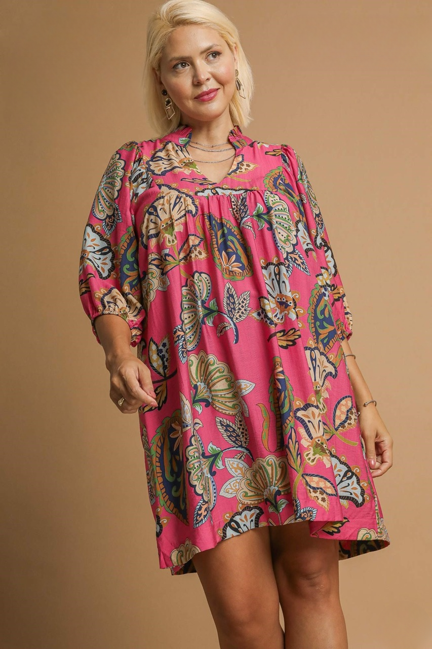 Lola Abstract Print Puff Sleeve Babydoll Dress in Pink