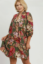 Load image into Gallery viewer, New Color! Lola Abstract Print Puff Sleeve Babydoll Dress in Olive