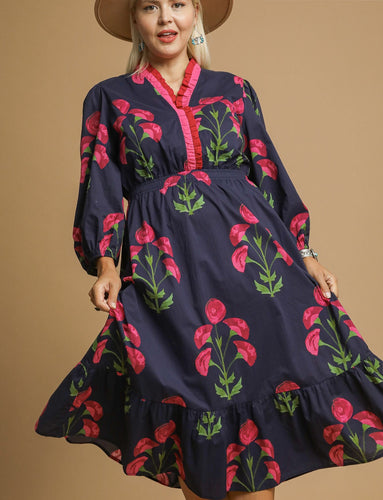 Madelyn Navy Floral Ruffle Trim Midi Dress