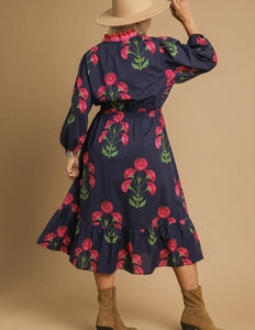 Madelyn Navy Floral Ruffle Trim Midi Dress
