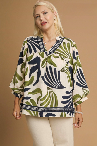 Hannah Boho Leaf Print Top in Olive