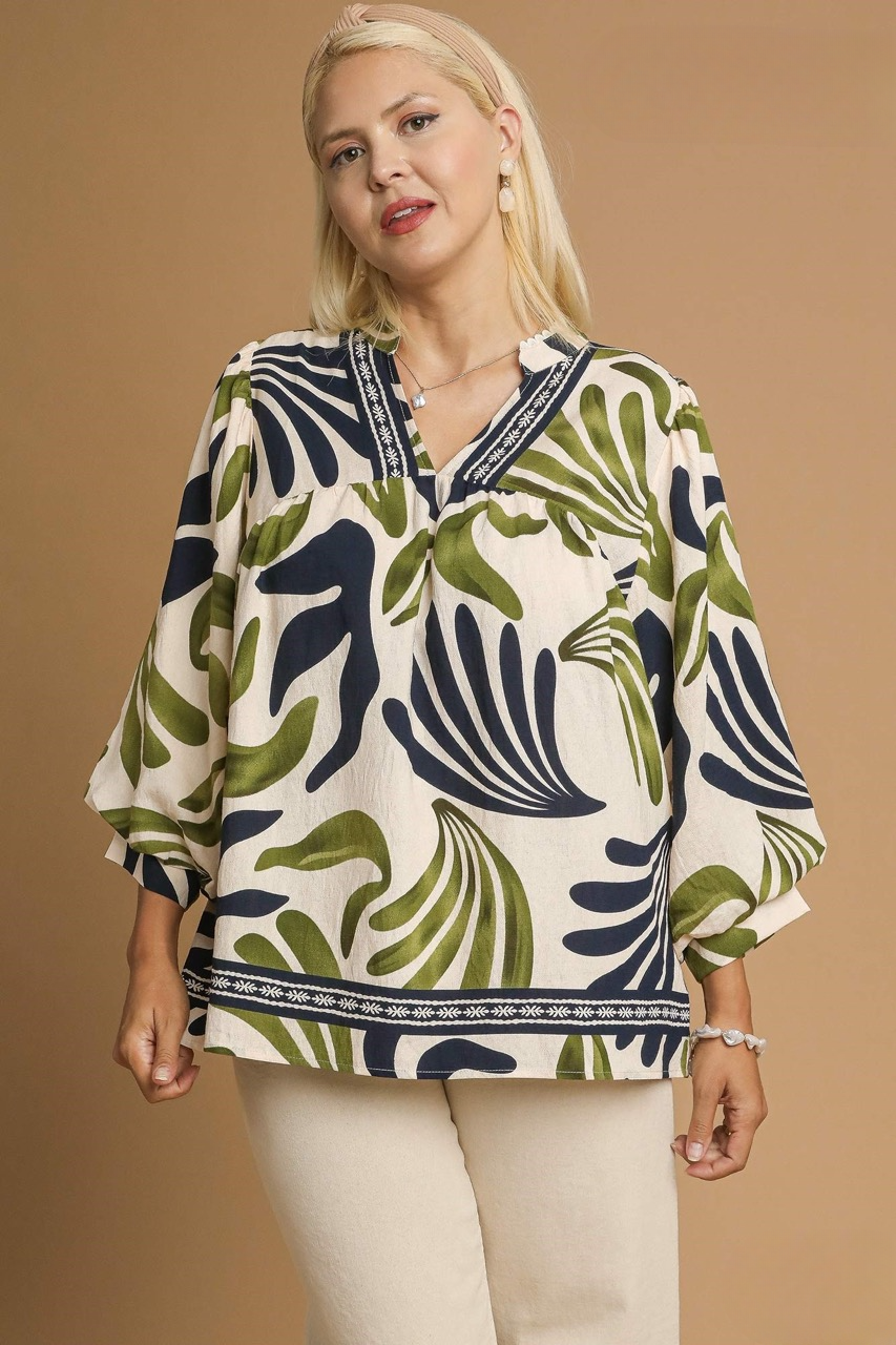 Hannah Boho Leaf Print Top in Olive