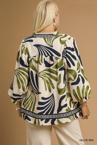 Hannah Boho Leaf Print Top in Olive