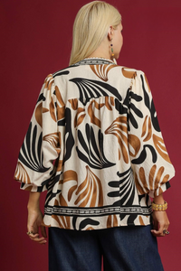 Hannah Boho Leaf Print Top in Taupe
