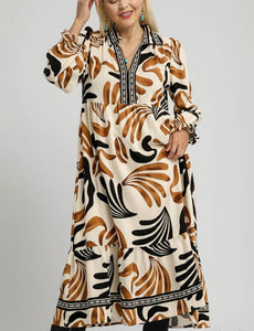 Kiki Boho Leafy Print Midi Dress