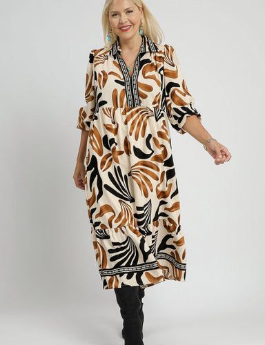 Kiki Boho Leafy Print Midi Dress