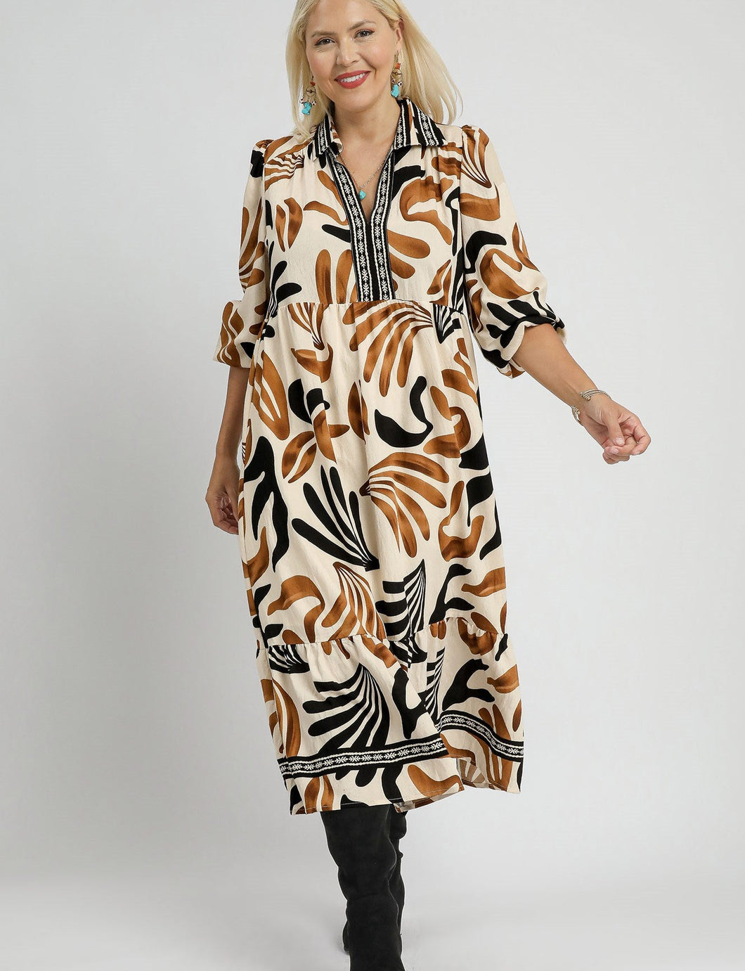 Kiki Boho Leafy Print Midi Dress