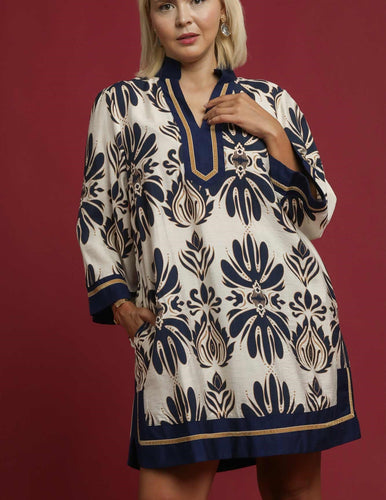 Charlotte Baroque Floral Tunic Dress in Navy
