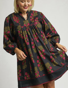 Corinne Black Floral Split Neck Dress