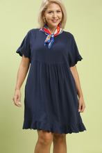 Load image into Gallery viewer, Edie Ruffle Trim Babydoll Dress in Midnight Blue
