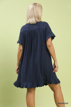 Load image into Gallery viewer, Edie Ruffle Trim Babydoll Dress in Midnight Blue