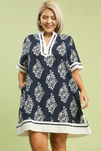 Load image into Gallery viewer, Chloe Abstract Print Tunic Dress in Navy