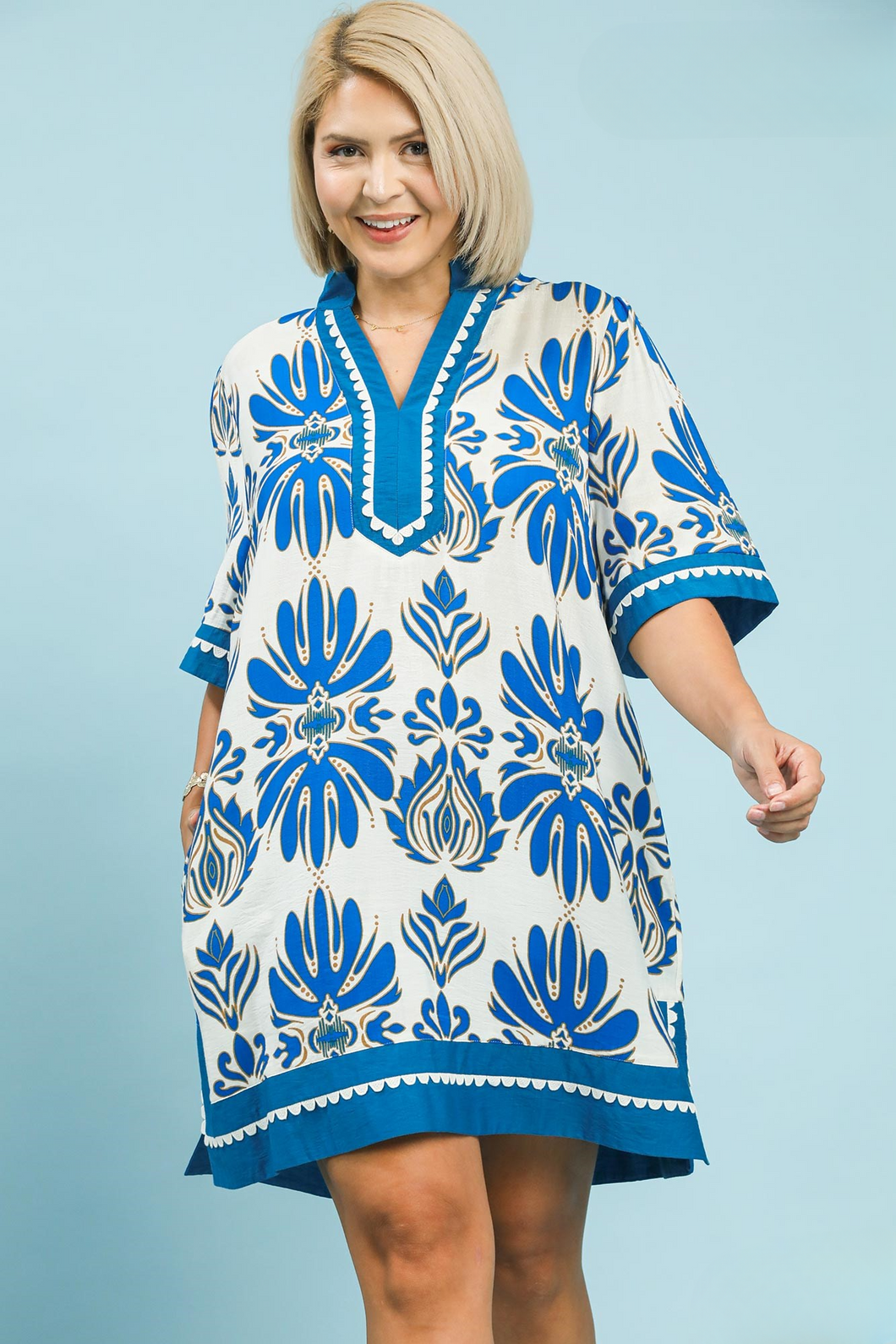 Charlotte Plus Size Baroque Floral Tunic Dress in Turquoise – The Fluffy Flamingo
