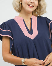 Load image into Gallery viewer, Laney Linen V-Neck with Contrast Trim in Navy
