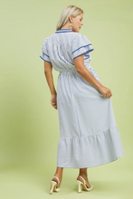 Load image into Gallery viewer, Amelia Blue Striped Flutter Sleeve Midi Dress