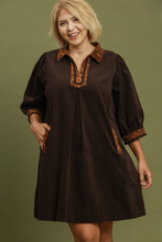 Load image into Gallery viewer, Kayla Corduroy Leopard Trim Shift Dress in Brown