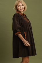 Load image into Gallery viewer, Kayla Corduroy Leopard Trim Shift Dress in Brown