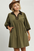 Load image into Gallery viewer, Kayla Corduroy Leopard Trim Shift Dress in Olive