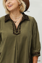 Load image into Gallery viewer, Kayla Corduroy Leopard Trim Shift Dress in Olive