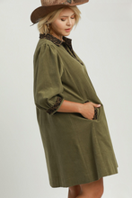 Load image into Gallery viewer, Kayla Corduroy Leopard Trim Shift Dress in Olive