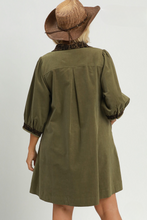 Load image into Gallery viewer, Kayla Corduroy Leopard Trim Shift Dress in Olive