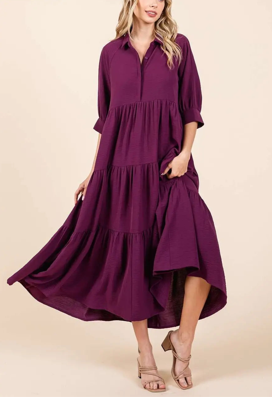 Edie Magenta Collared Tiered Dress