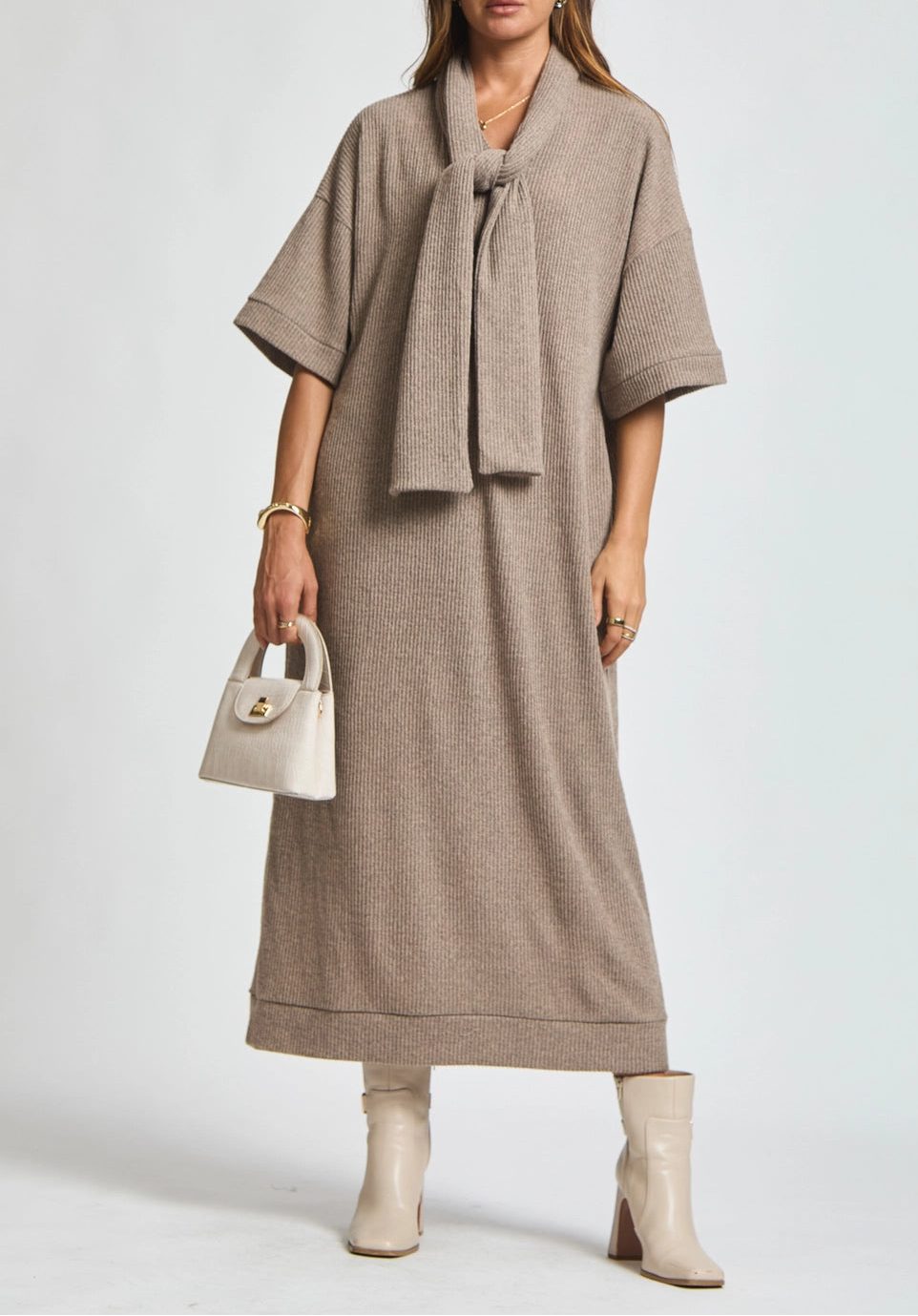 Anna Ribbed Tunic Maxi Dress in Light Cocoa