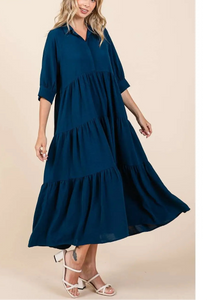 Edie Magenta Collared Tiered Dress in Teal