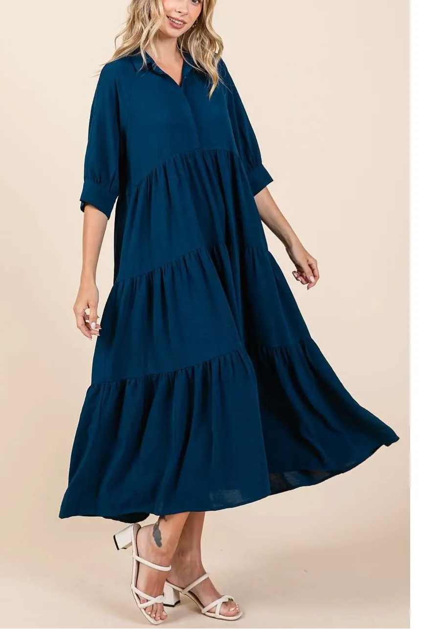 Edie Magenta Collared Tiered Dress in Teal