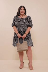 Bethany Eyelet Embroidered Puff Sleeve Scallop Hem Dress