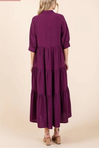 Edie Magenta Collared Tiered Dress