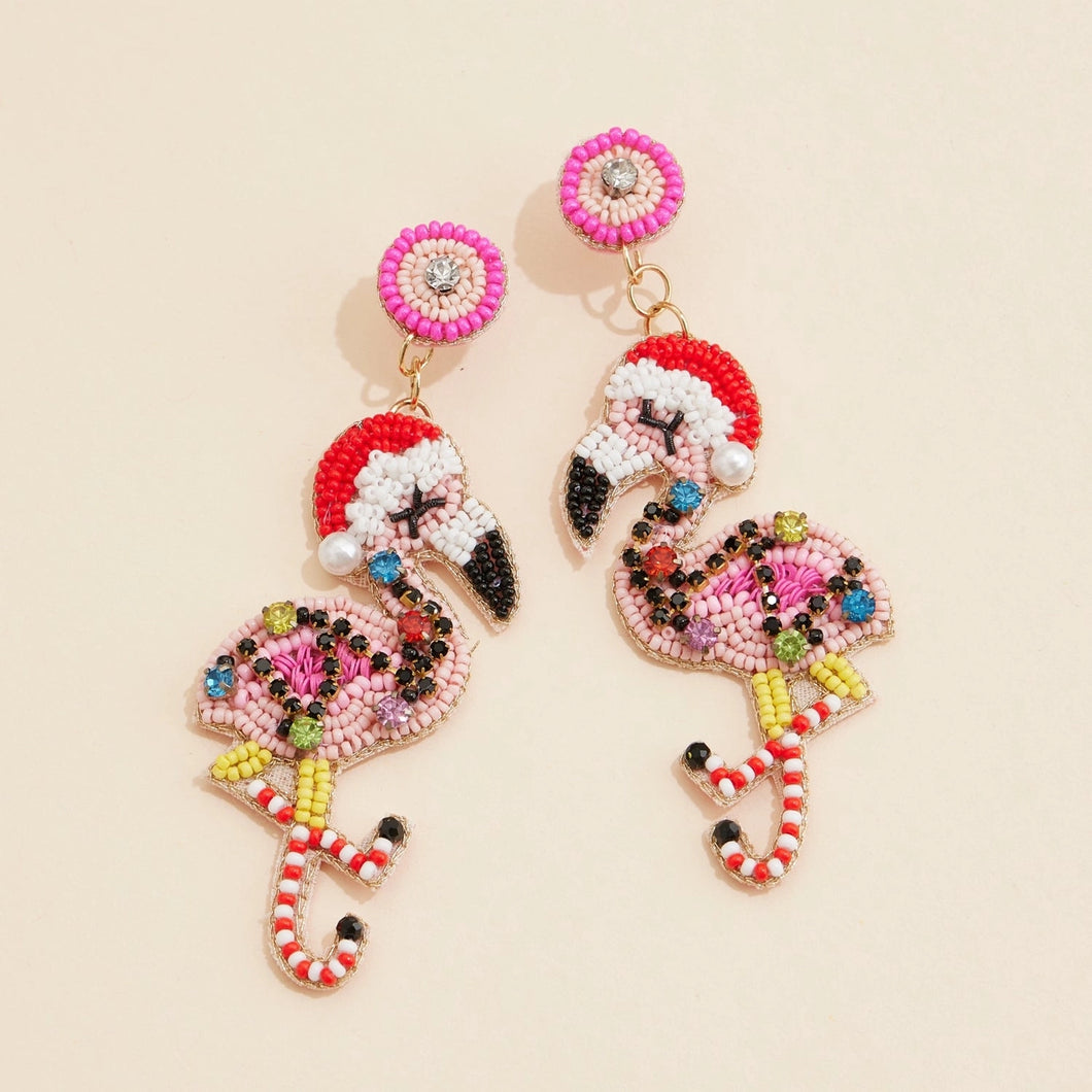 Christmas Flamingo Seed Beaded Earrings