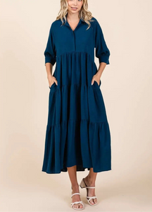 Edie Magenta Collared Tiered Dress in Teal
