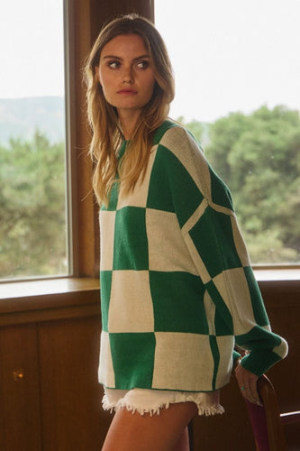 Saylor Green Checkerboard Pattern Sweater