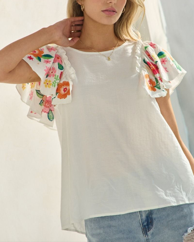 Haylee Embroidered Flutter Sleeve Top