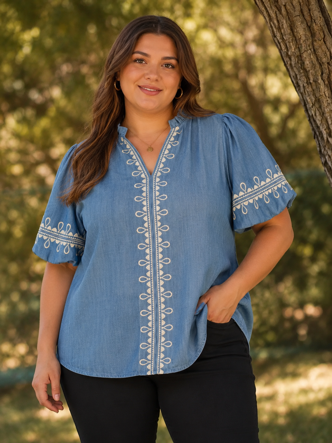 Sarah Plus Size Embroidered Bubble Sleeve Top – The Fluffy Flamingo
