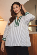 Load image into Gallery viewer, Kendall Striped 3/4 Sleeve Split Neck Top (S-3XL)