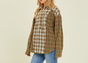 Leslye Patchwork Plaid Button Down Top in Olive