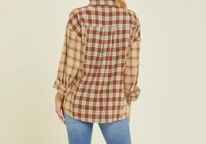 Leslye Patchwork Plaid Button Down Top in Brown