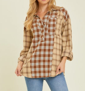 Leslye Patchwork Plaid Button Down Top in Brown