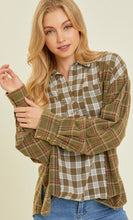 Load image into Gallery viewer, Leslye Patchwork Plaid Button Down Top in Olive