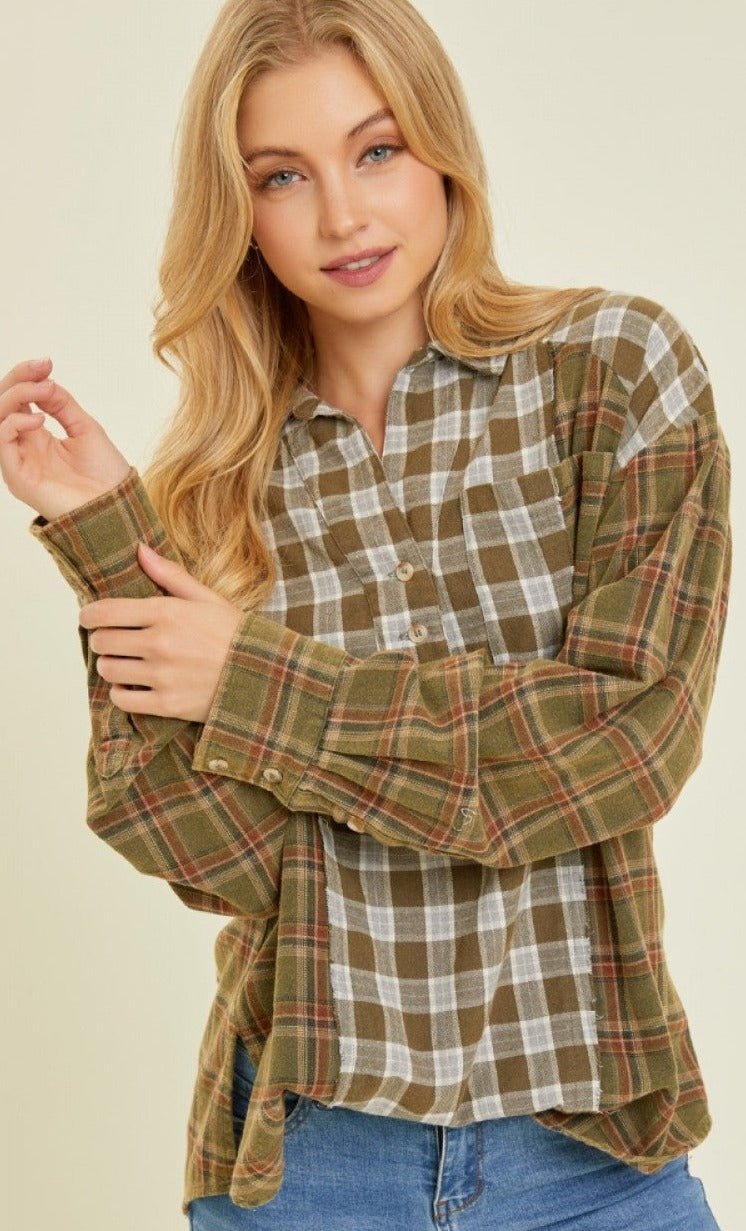 Leslye Patchwork Plaid Button Down Top in Olive
