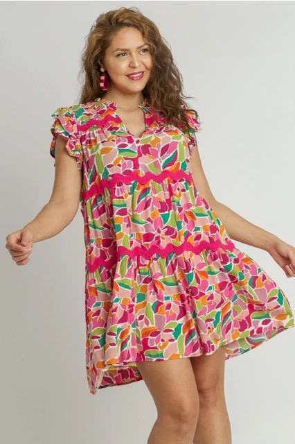 Clara Floral Flutter Sleeve Dress with Pink Ric Rac