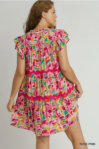 Clara Floral Flutter Sleeve Dress with Pink Ric Rac