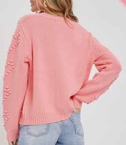 Stella Pink Knit Heart Pom Pom Sweater