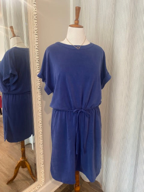 Clara Washed Jersey Knit Drawstring Dress in Navy