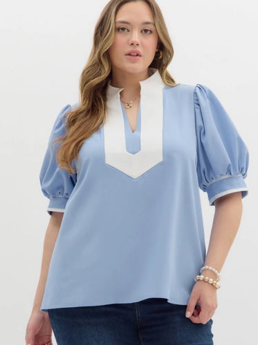 Doris Blue and White Puff Sleeve Top