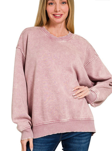 Bowie Acid Wash Oversized Fleece Pullover in Rose